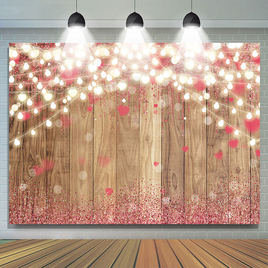 Lofaris Pink Love Glitter Bokeh Light Wood Valentines Backdrop