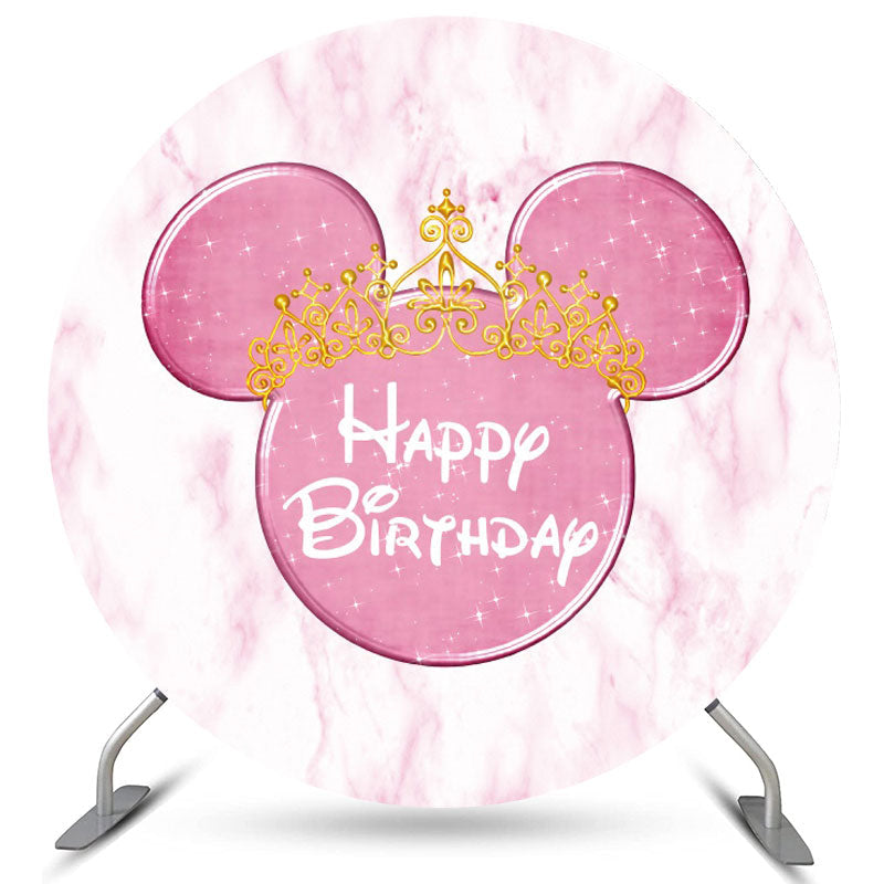Lofaris Pink Marble Texture Round Cartoon Mouse Birthday Backdrop
