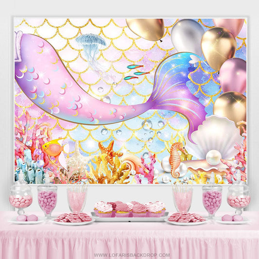 Lofaris Pink Mermaid Tail For Girls Birthday Party Photo Backdrop