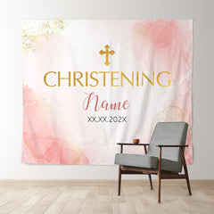 Lofaris Pink Watercolor Christening Gold Baptism Backdrop For Girl