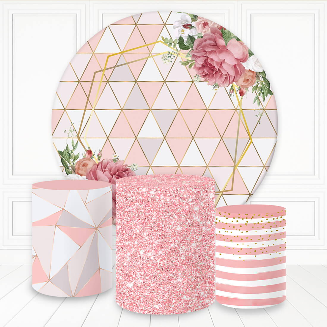 Lofaris Pink Pattern Glitter Floral Round Birthday Backdrop Kit