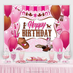 Lofaris Pink Plaid Balloon Cowgirl Happy Birthday Backdrop