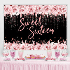 Lofaris Pink Rose And Black Glitter Sweet 16 Birthday Backdrop