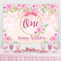 Lofaris Pink Rose and Bow Happy 1st Birthday Backdrop for Girl