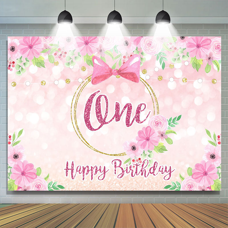 Lofaris Pink Rose and Bow Happy 1st Birthday Backdrop for Girl