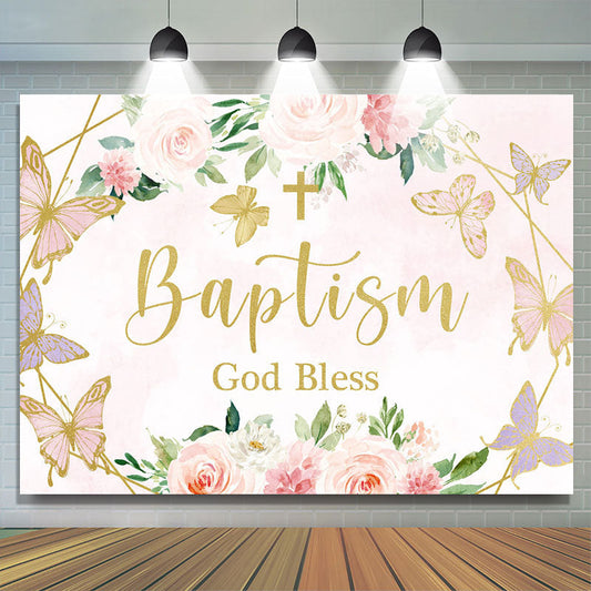 Lofaris Pink Rose and Butterflies God Bless Baptism Backdrop