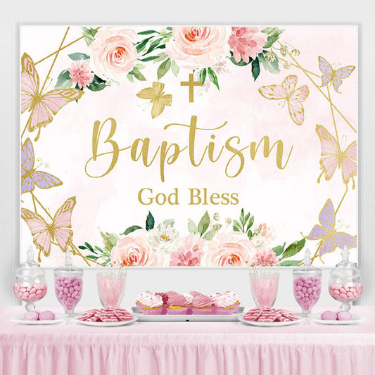 Lofaris Pink Rose and Butterflies God Bless Baptism Backdrop