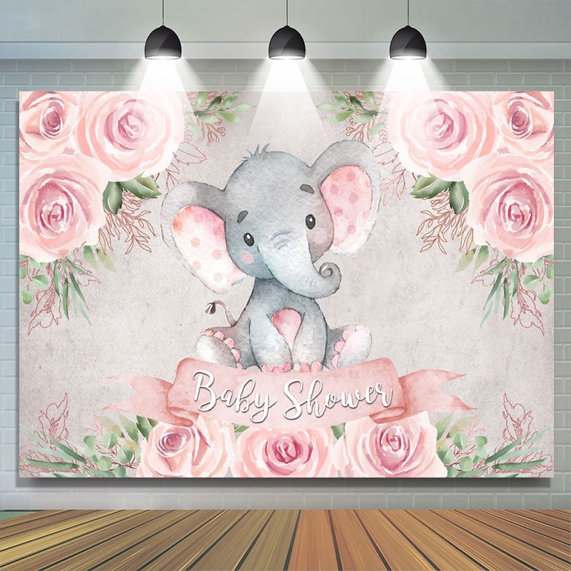 Lofaris Pink Rose Baby Elephant Shower Backdrop for Girl