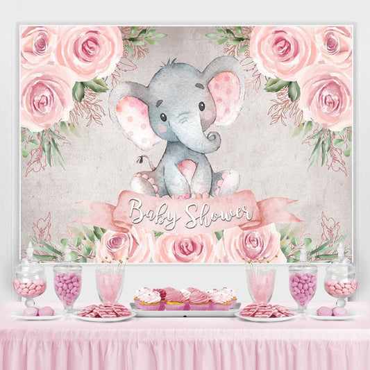 Lofaris Pink Rose Baby Elephant Shower Backdrop for Girl