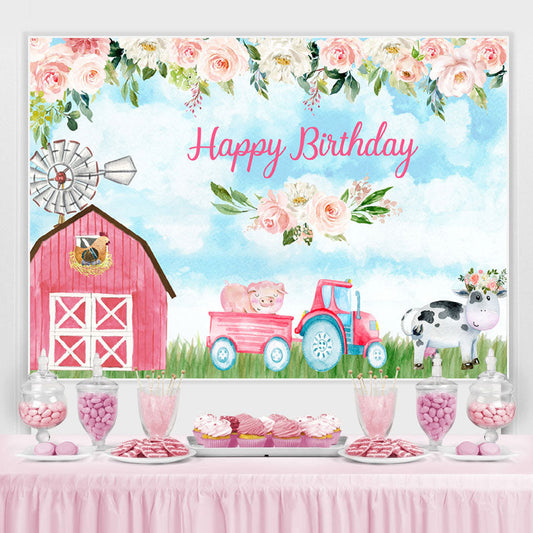 Lofaris Pink Rose Cute Farm Blue Sky Happy Birthday Backdrop