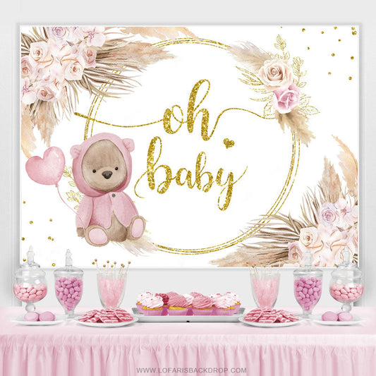 Lofaris Pink Rose Gold Oh Baby Bear Floral Shower Backdrop