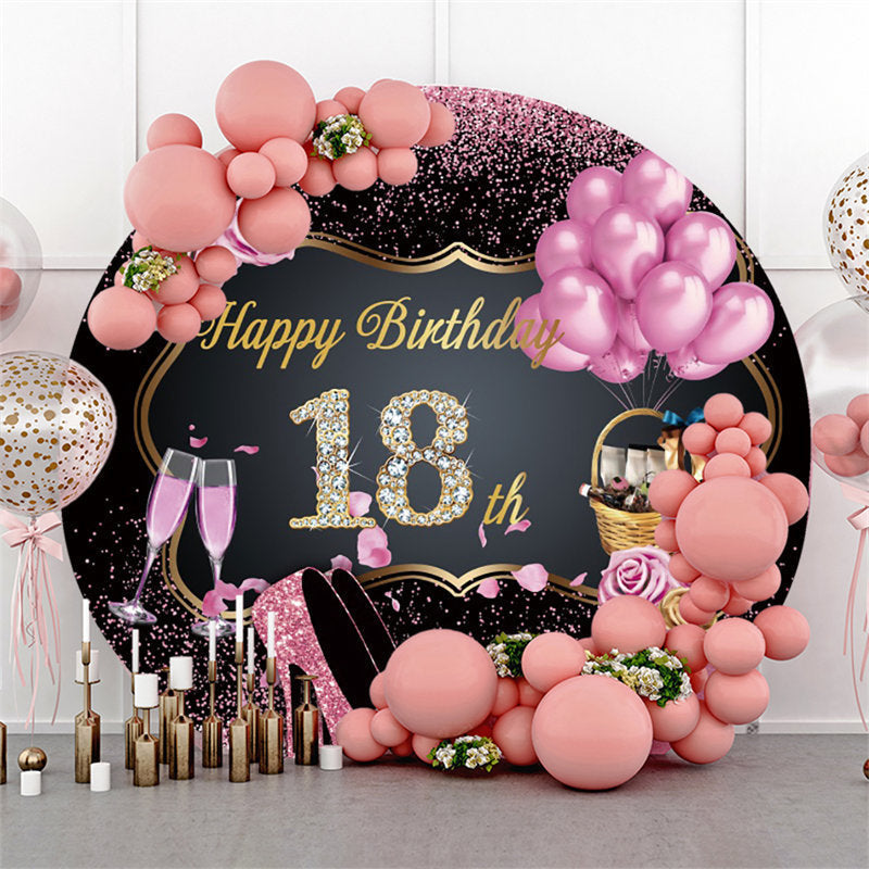 18th Roses Design Pink Roses Black Round Happy 18Th Birthday Backdrop - Lofaris