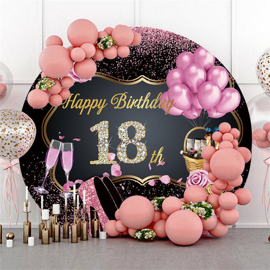 Lofaris Pink Roses Black Round Happy 18Th Birthday Backdrop