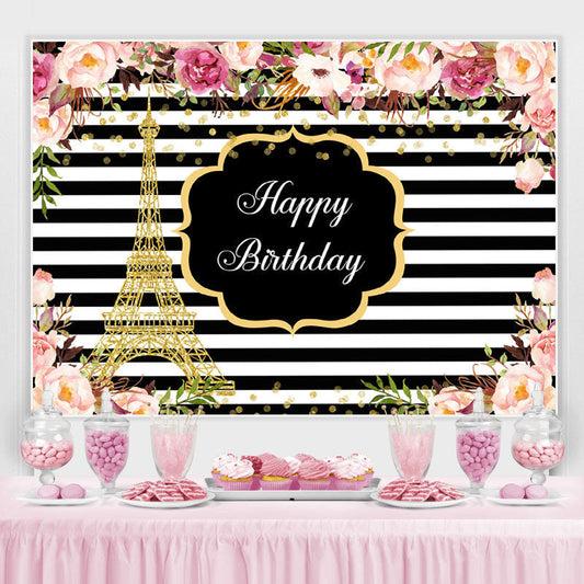 Lofaris Pink Roses White And Black Stripe Backdrop For Birthday