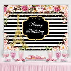 Lofaris Pink Roses White And Black Stripe Backdrop For Birthday