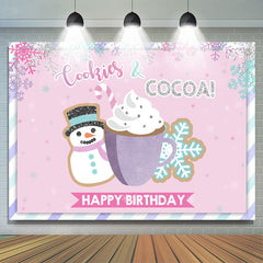 Lofaris Pink Snowy Cup and Snow Man Happy Birthday Backdrop