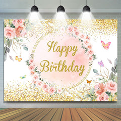 Lofaris Pink Soring And Gloden Happy Birthday Backdrop For Girl