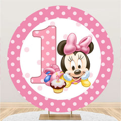 Lofaris Pink Spot And Cake Round Cartoon Mouse 1st Backdrop