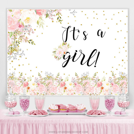 Lofaris Pink Spring Floral Its A Girl Baby Shower Backdrop