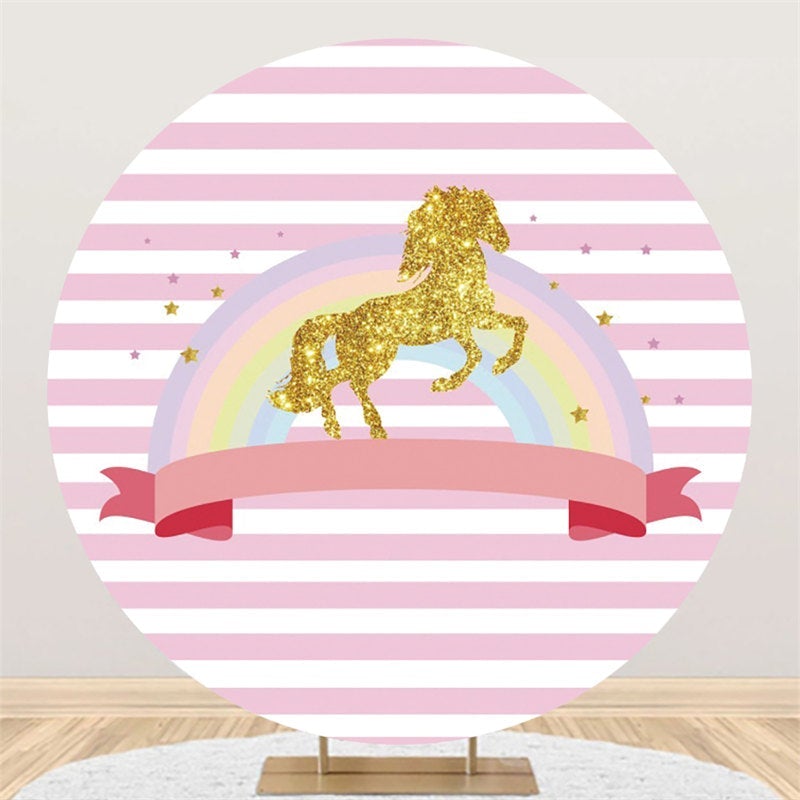 Lofaris Pink Stripe Rainbow Gold Glitter Round Backdrops for Girl