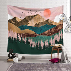 Lofaris Pink Sun Forest Mountain Abstract Landscape Wall Tapestry
