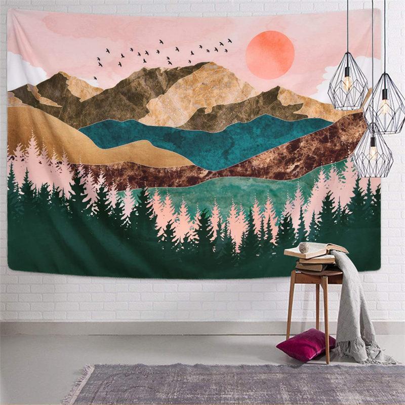 Lofaris Pink Sun Forest Mountain Abstract Landscape Wall Tapestry