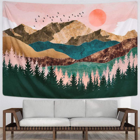 Lofaris Pink Sun Forest Mountain Abstract Landscape Wall Tapestry