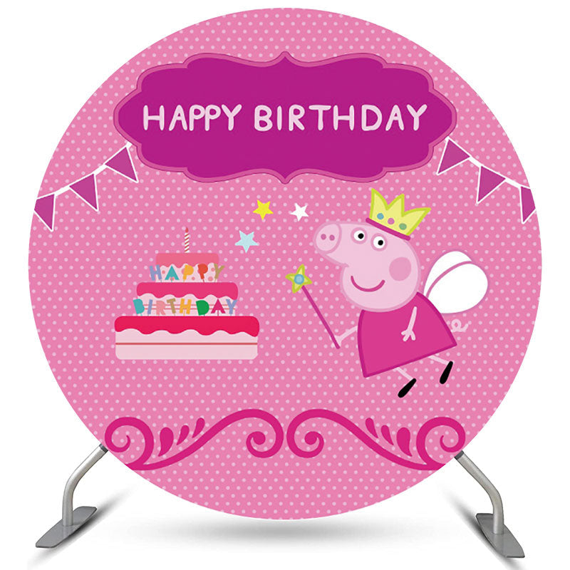 Lofaris Pink Sweet Cake And Little Pig Round Birthday Backdrop