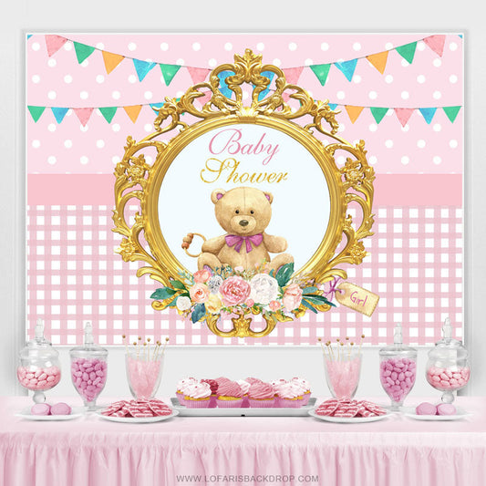 Lofaris Pink Teddy Bear With Flags Theme Baby Shower Backdrop