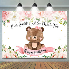 Lofaris Pink Teddy Bears and Blooming Flowers Birthday Backdrop