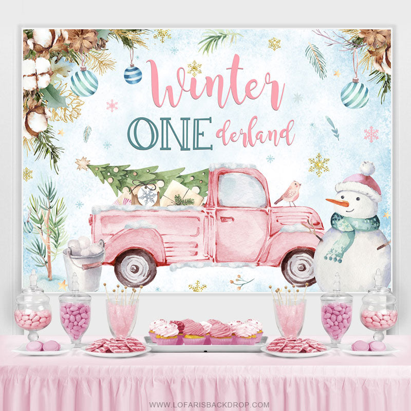 Lofaris Pink Truck Winter Onederland Blue Backdrop For Birthday