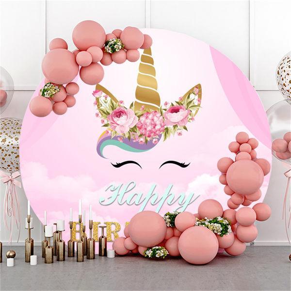 Lofaris Pink Unicorn Circle Happy Birthday Backdrop For Girl