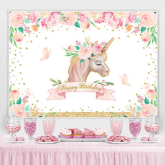 Lofaris Pink Unicorn Floral Gold Glitter Happy Birthday Backdrop