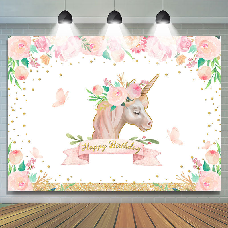 Lofaris Pink Unicorn Floral Gold Glitter Happy Birthday Backdrop