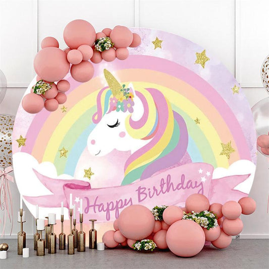 Lofaris Cute Pink Unicorn Circle Happy Birthday Backdrop For Party