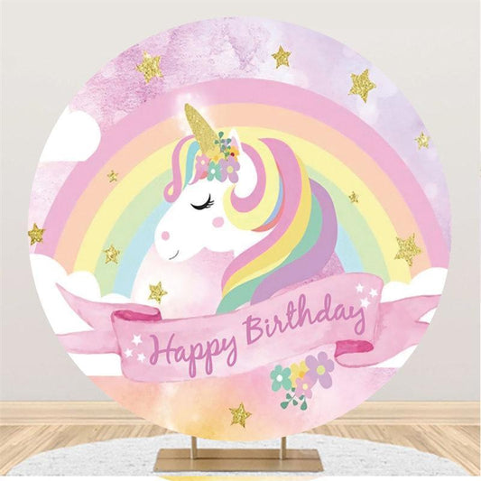 Lofaris Cute Pink Unicorn Circle Happy Birthday Backdrop For Party