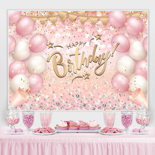 Lofaris Pink White Balloon Glitter Happy Birthday Backdrop