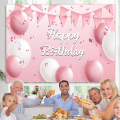 Lofaris Pink White Balloon Ribbon Happy Birthday Backdrop for Girl