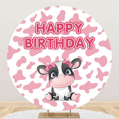 Lofaris Pink White Cartoon Cow Happy Birthday Round Backdrop