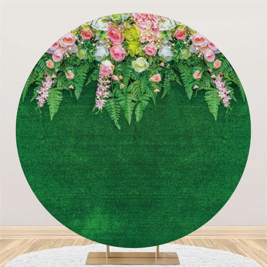 Lofaris Pink White Floral And Green Leaves Round Wedding Backdrop
