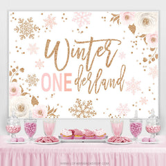 Lofaris Pink White Floral Glitter Winter Onederland Birthday Backdrop