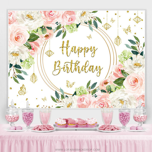 Lofaris Pink White Floral Gold Glitter Happy Birthday Backdrop