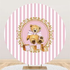 Lofaris Pink White Stripes Round Khaki Teddy Baby Shower Backdrop