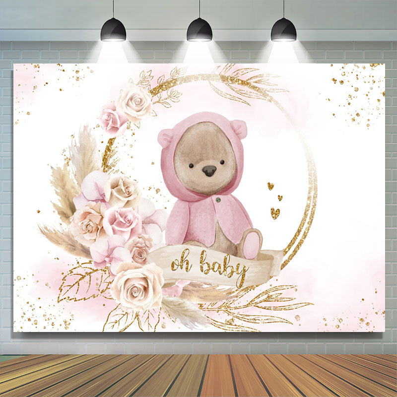 Lofaris Pink With Golden Bear Floral Cute Baby Shower Backdrop