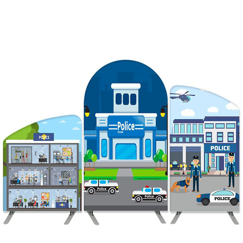 Lofaris Police Station Theme Cartoon Blue Sky Arch Backdrop Kit