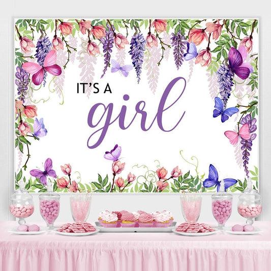 Lofaris Pruple Flowers And Butterfly Theme Baby Shower Backdrop