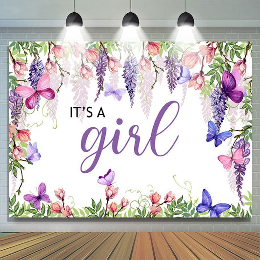 Lofaris Pruple Flowers And Butterfly Theme Baby Shower Backdrop