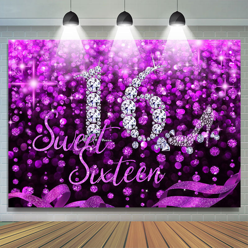 Lofaris Purple And Black Glitter Sweet 16th Birthday Backdrop