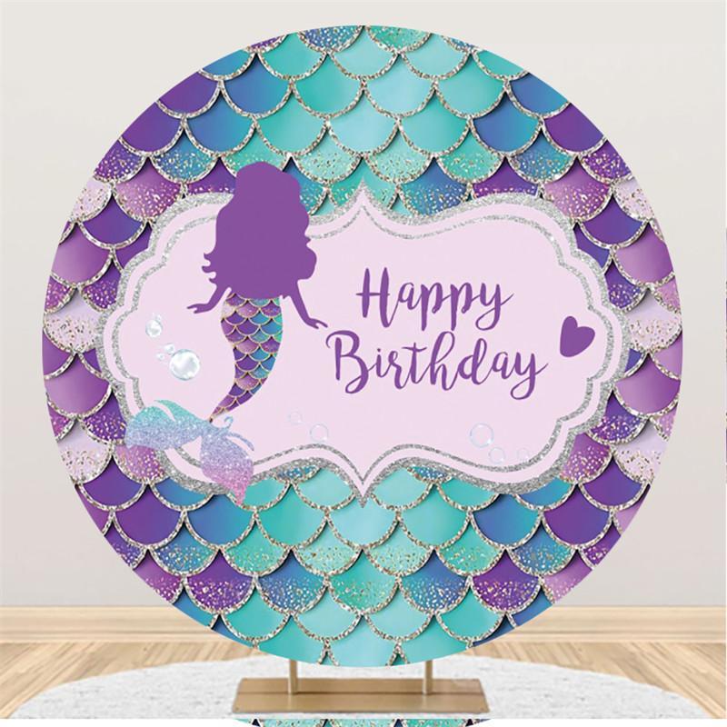 Lofaris Purple And Blue Glitter Mermaid Round Birthday Backdrop