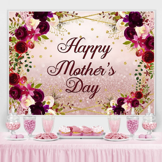 Lofaris Purple And Glitter Flowers Happy Mothers Day Backdrop